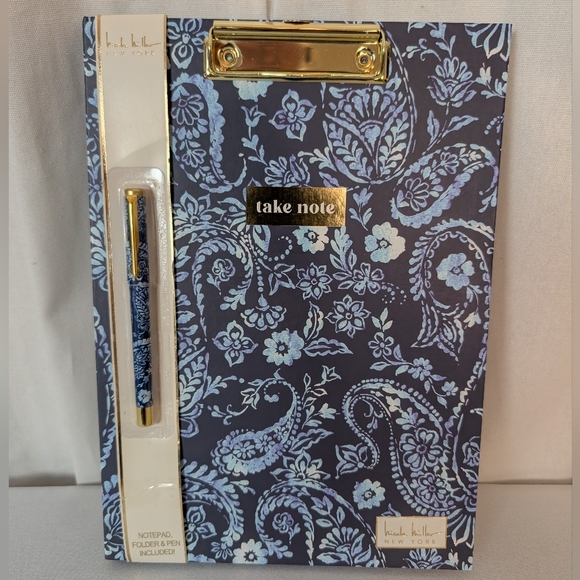 Nicole Miller Blue and Gold Floral Paisley Clipboard Notebook Pen Set NWT - Picture 1 of 4